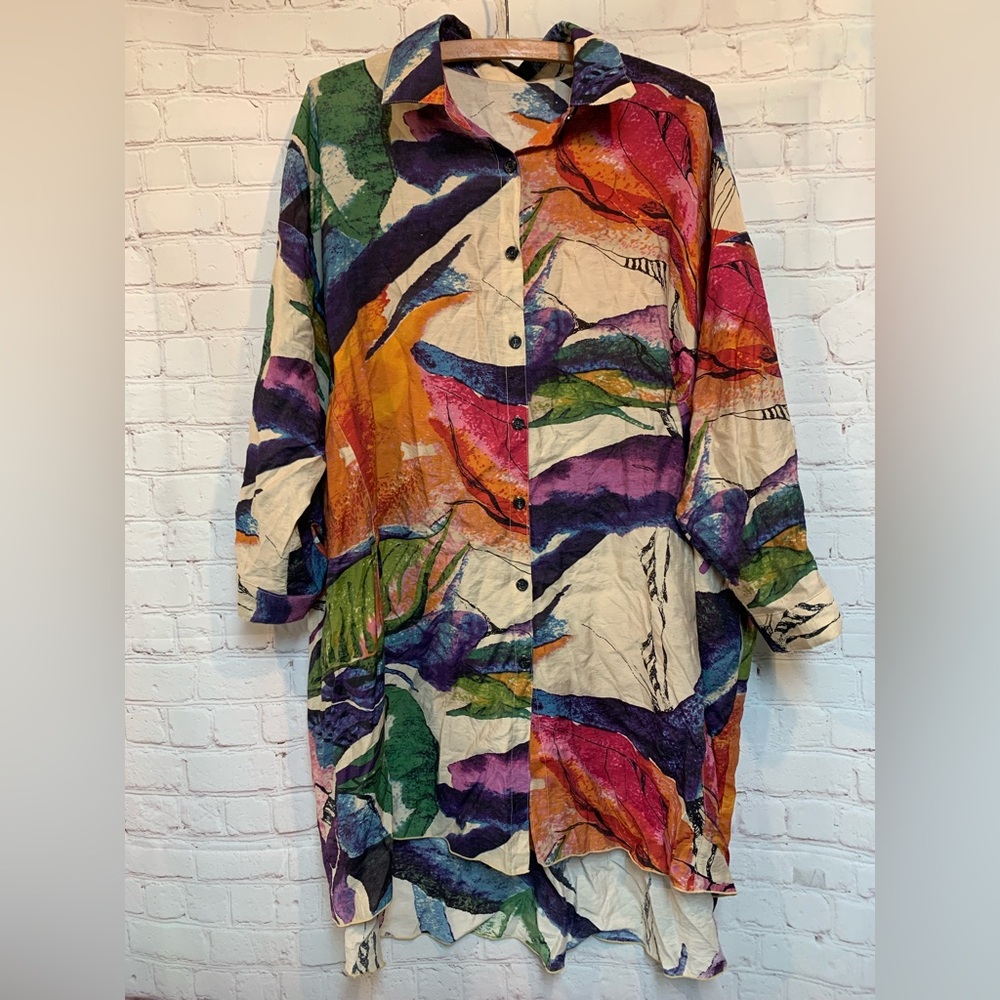 3 Potato Colorful Abstract Button-Up Shirt Tunic Size L 54”